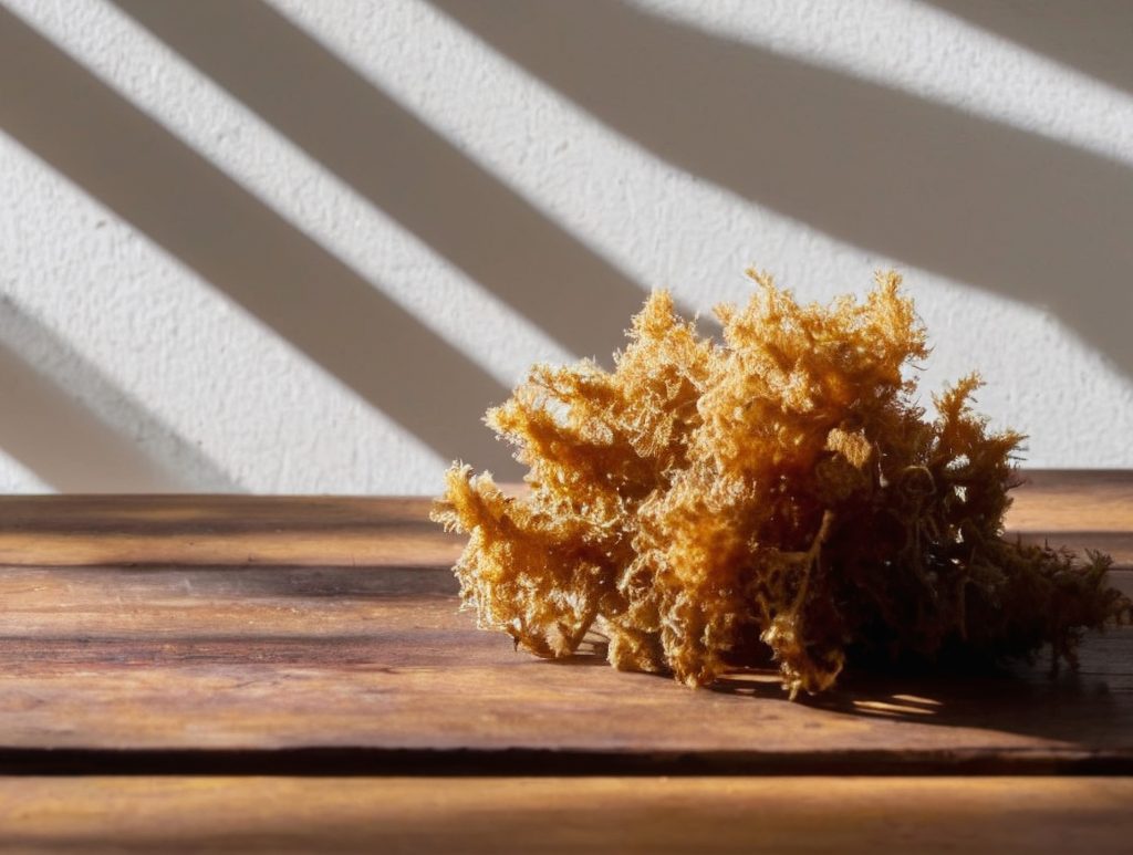Irish Sea Moss auf einem Holztisch in warmen Licht.